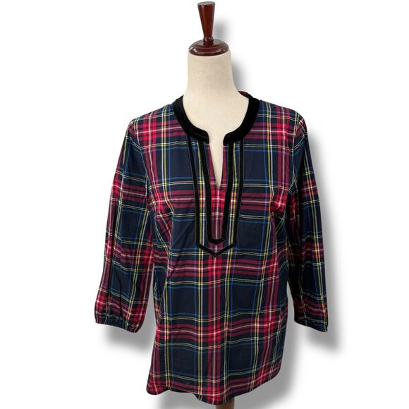 Talbots Plaid Top Size Medium Red Blue Tartan Popover Blouse Velvet Trim Holiday - Picture 1 of 8